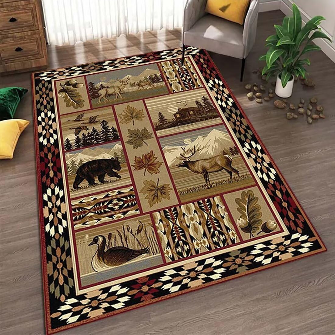 Photo 1 of Qmkmyy Cabin Nature and Animals Area Rug Rustic Western Country Rugs Wildlife Bear Deer Damask Bordered Carpet Floor Mats for Home,3'x5'