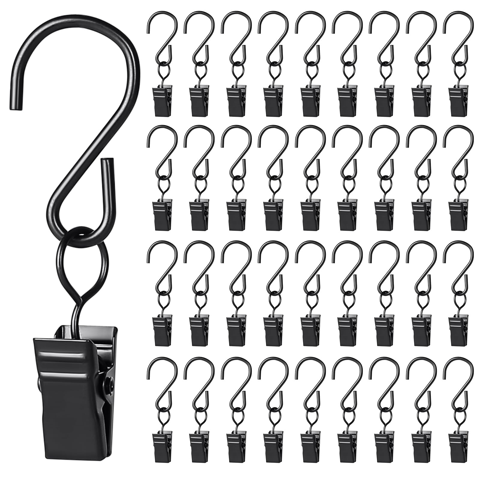 Sheryl&Rain 50Pcs Metal Hanging Clip Hook, Curtain Clips with S Hooks,Stainless Steel Black Heavy-Duty Hook Clips Set,Hanging Clips,Clip Hooks for Decoration Craft Display