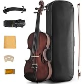 Ceciliec Acoustic Violin, 4/4 Full Size Solid Wood Fiddle for Beginners Adults, Ebony Fitted Satin Antique Finish Violin Starter Kit with Hard Case