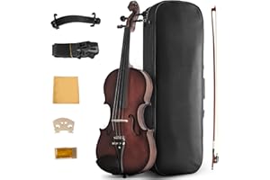 Ceciliec Acoustic Violin 4/4 Full Size, Solid Wood Fiddle for Beginners Adults, Ebony Fitted Satin Antique Finish Violin Starter Kit with Hard Case