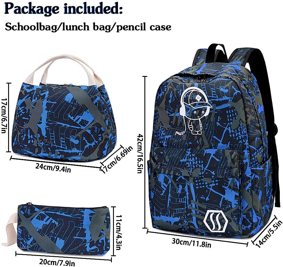 MCWTH School Bags for Teen Boys Kids School Backpack with Lunch Bag Pencil Case Set (Blue), 3in1 Music Kids - Image 3