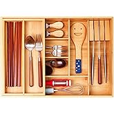 COIWAI Two tier Bamboo kitchen Drawer Organizer Cutlery Utensil Silverware Organizer Tray for Drawer, double layer Holder Drawer Dividers for Flatware (L: 16.85 &times; 12.2 in)