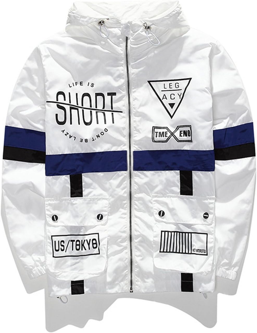 Marvin Cook Men Windbreaker Jacket Legacy Fashion Hip Hop Thin Zipper Casual Jacket Life Is Short Outwear White L