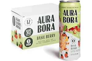 Aura Bora, Strawberry Basil Herbal Sparkling Water, 12 oz Can (Pack of 12), 0 Calories, 0 Sugar, 0 Sodium, Non-GMO