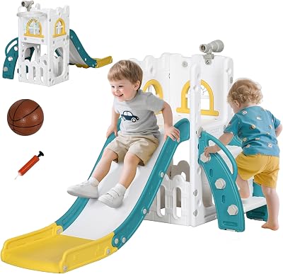 AIYAPLAY Kids Slide 5-in-1 Toddler Playset Basketball Hoop Climber Telescope