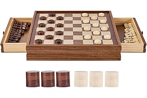 Uargd Solid Wood Chess and Checkers Set, 15-Inch 2-in-1 Game Board with Storage Drawer, Weighted Pieces, and Extra Queens, Su