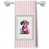 Qykwz Funny Dachshund Kitchen Towels, Dachshund Lover Gifts, Preppy Pink Striped Weiner Dog Decorative Hand Dish Tea Towels for Bathroom Kitchen, Doxie Gifts, 16x24 Inch