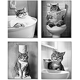 DEQSX Funny Bathing Newspaper Toothbrush Cat Bathroom Wall Art Prints Set of 4, Cat Lover Christmas Gifts, Vintage Cute Kitten Posters Pictures Wall Decor for Bathroom Washroom Restroom, 8x10 Unframed
