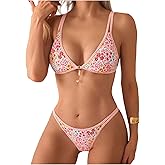 SweatyRocks Women's Bathing Suits Floral Print Triangle Bikini Set Spaghetti Straps Two Piece Swimsuits