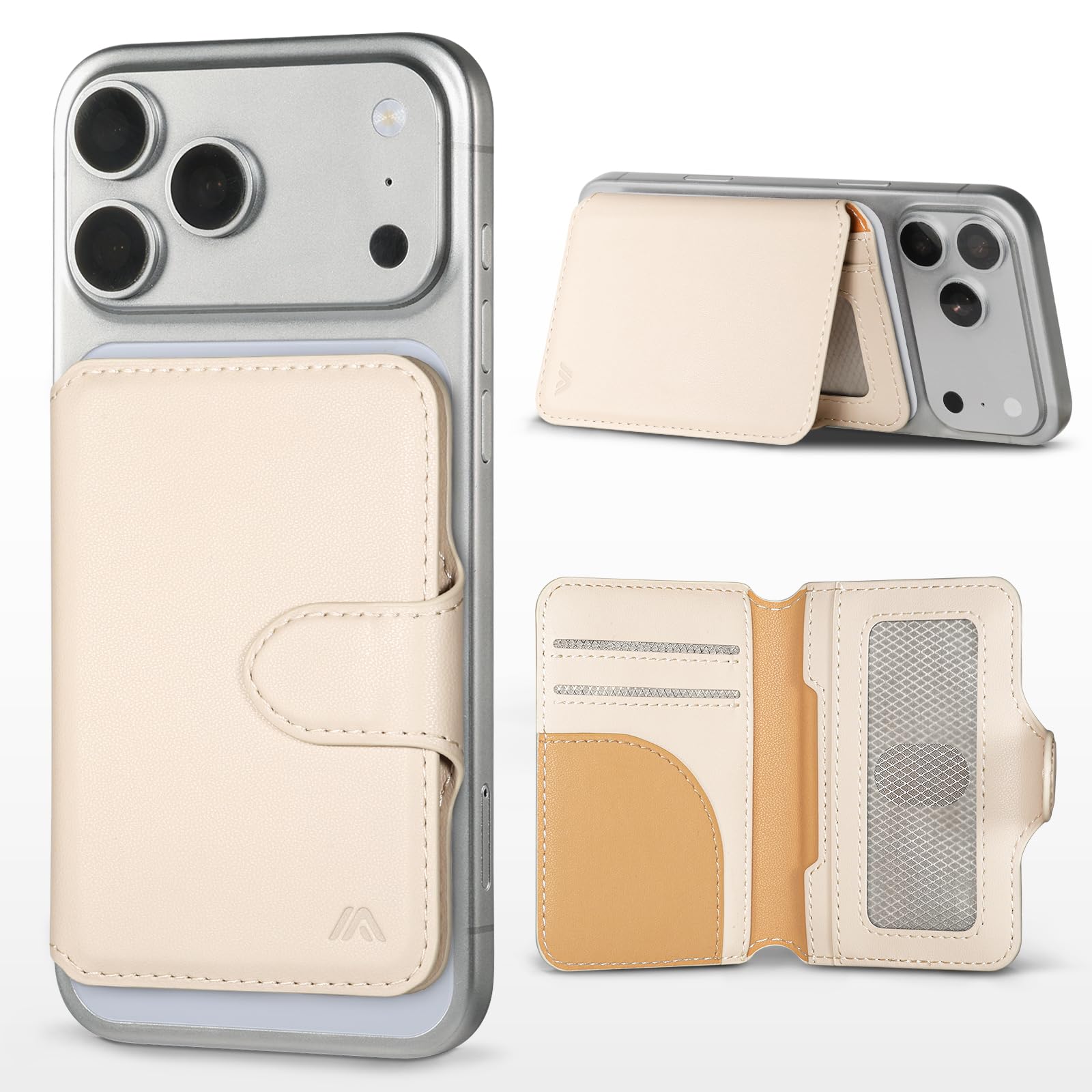 MEFON for MagSafe Wallet, Magnetic Phone Wallet RFID Blocking, Slim 5-8 Card Holder with Cash Slot & Clear ID Window, Minimalist Mag Safe Wallets for iPhone 17/16/15/14/13/12 Series, Oatmeal Beige
