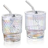 MHLEGO 2 Pcs Colorful Glass Cups with Lids and Straws, 13.5 oz Multi Iced Coffee Cups, Thick Wall Glass Tumbler, Cute Coffee Mugs, Drinking Glassware Cups