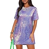 ENOPINK Women's Crew Neck Sequin Dress for Women Sexy V Neck Shirt Dresses Sparkly Shift Mini Dress