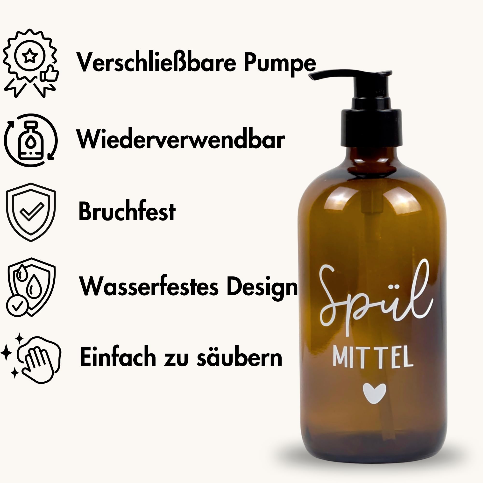 Glas Seifenspender 500ml - Schwarzer Pumpspender, Spülmittelspender für Küche. Handseifenspender für Badezimmer (Braun, Spülmittel + Handseife) 3