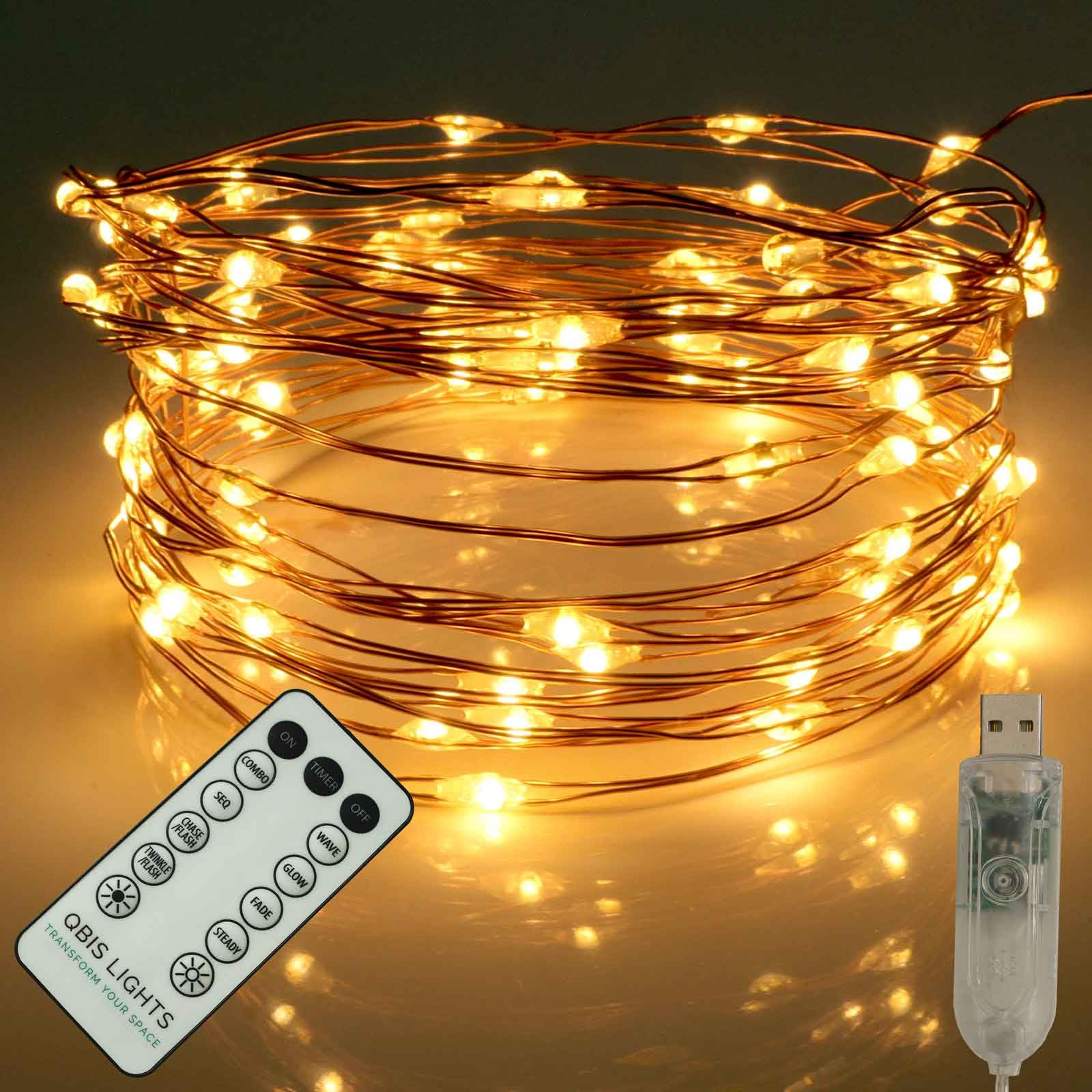 Qbis 100 Warm White Fairy Lights on Copper Wire, 100 Micro LED Christmas String Lights, Remote Control, USB Plug, Timer, Multi Function, Adjust Brightness, Micro LED String Lights (Copper) — image 1