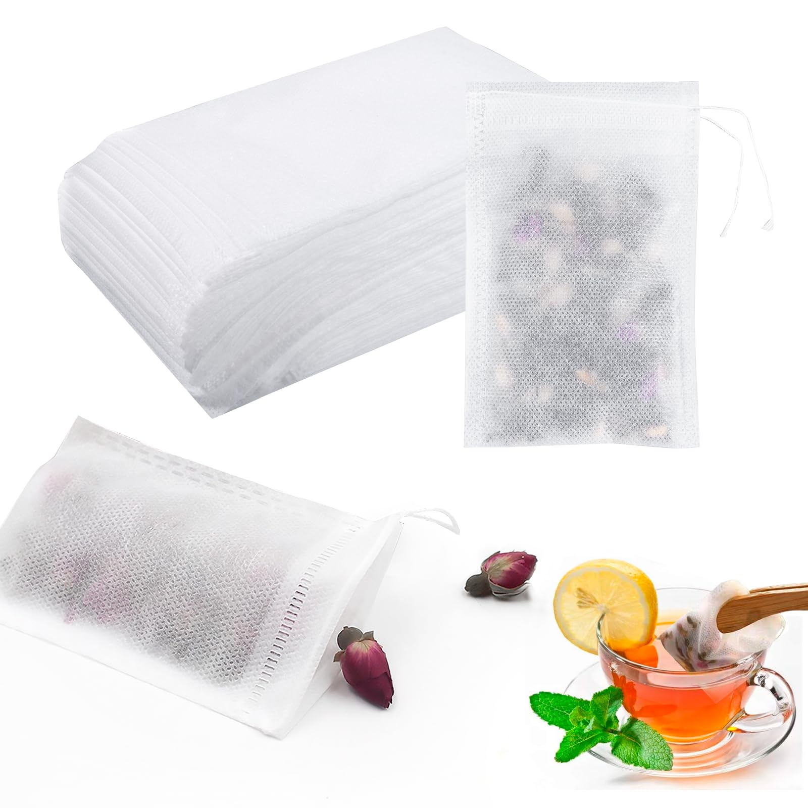 Carehabi Disposable Tea Filter Bags, Paper Fibre, 200 White Rectangular Bags, 7 x 9 cm, for Loose Tea, Coffee, Spices, Herbs, etc.