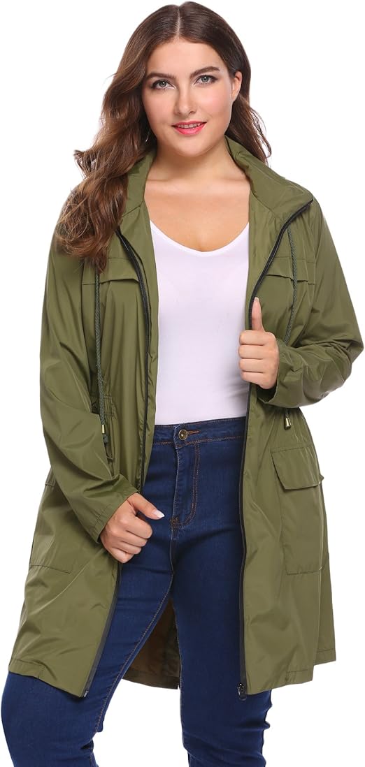 Women Plus Size Lightweight Raincoat Travel Hoodie Rain Jacket