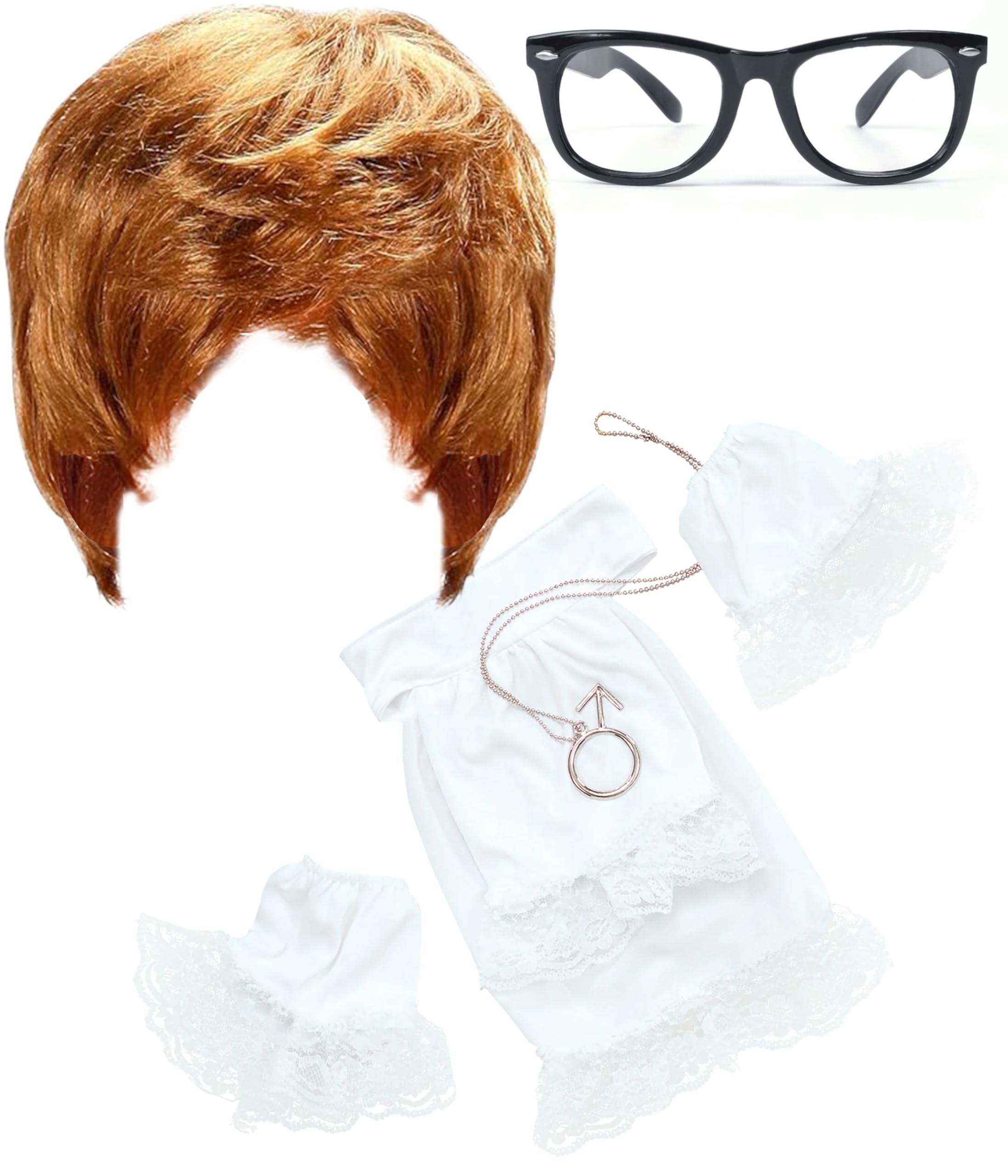 Mega_Jumble Men's Austin Powers Groovy Baby 50's 60's Stag Night Party Fancy Dress Costume Fun Set | Wig, Nerd Glasses, Ruffle Collar, Pendant and 2x Ruffle Cuffs