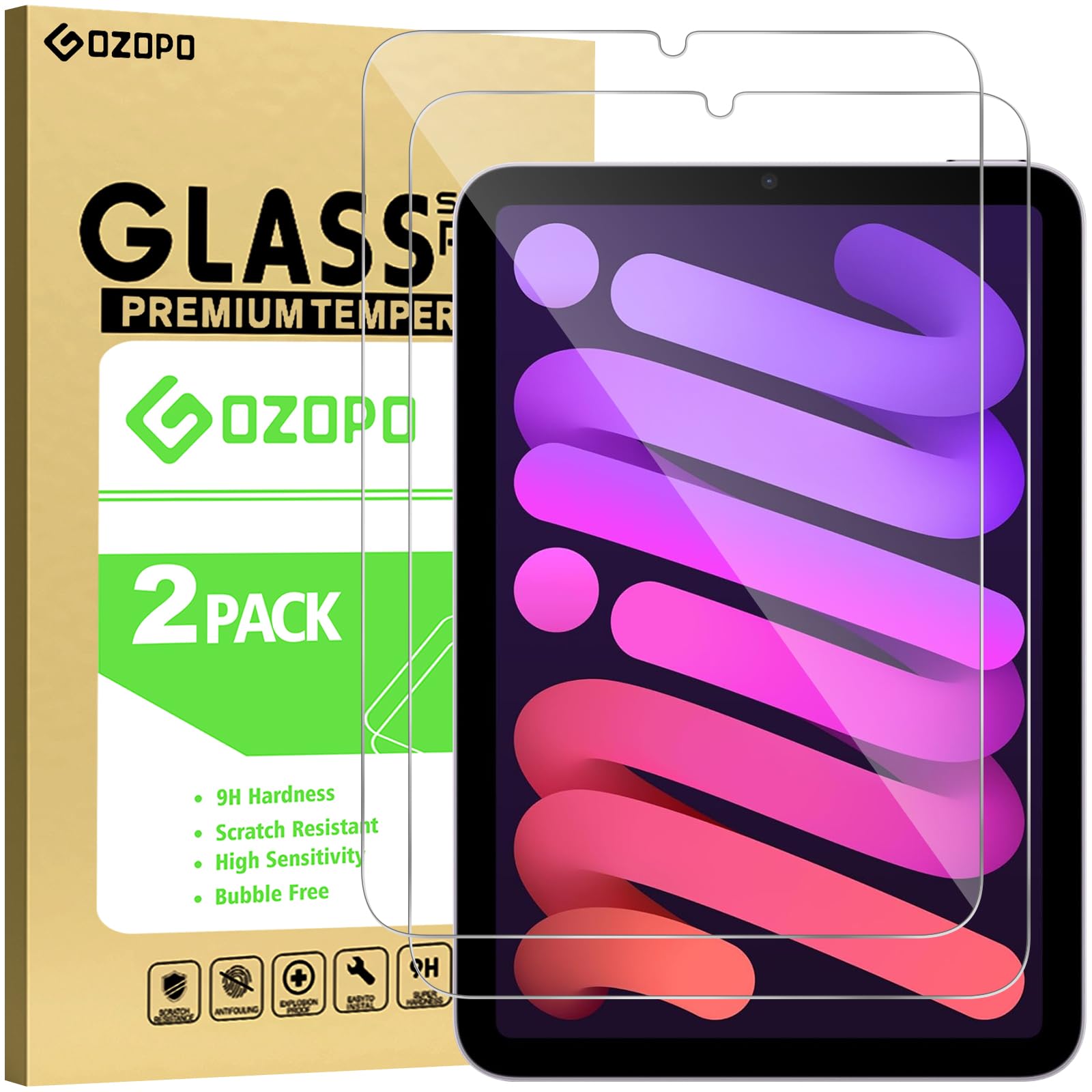 GOZOPO [2 Pack] Screen Protector for iPad mini A17 Pro (2024 Model, 7th Generation) / mini 6 (2021 Model, 6th Generation) 8.3 inch, Tempered Glass Film [Scratch Resistant] [Bubble Free]