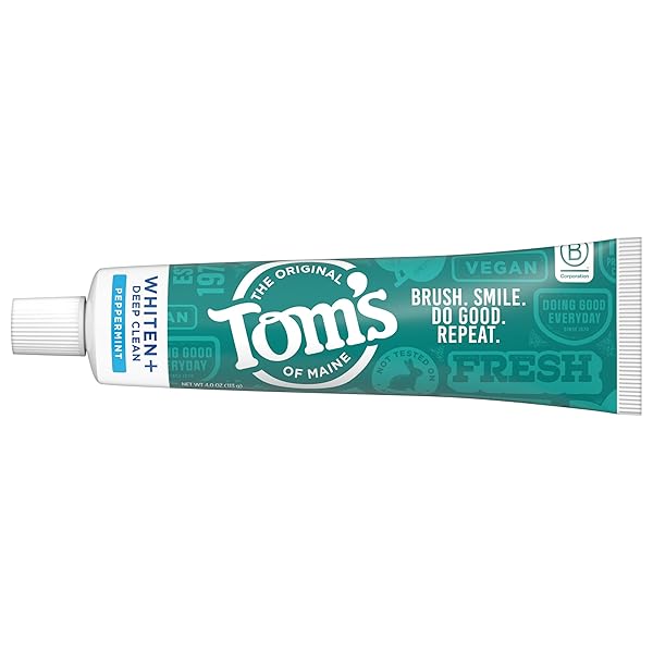 TOM’S OF MAINE WHITEN PLUS DEEP CLEAN WHITENING TOOTHPASTE, NATURAL WHITENING TOOTHPASTE WITH PLANT-BASED CLEANSERS, ENAMEL SAFE FORMULA, WHITENS WITHOUT CAUSING SENSITIVITY, PEPPERMINT, 4.0 OZ
