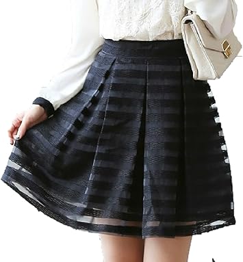 Amazon 上品 清楚 ボーダー 柄 ストライプ A ラインチュール スカート エレガント 美脚 スタイル レディース ファッション ブラック S M L Xl 大きい サイズ あります ブラック M スポーツ アウトドア