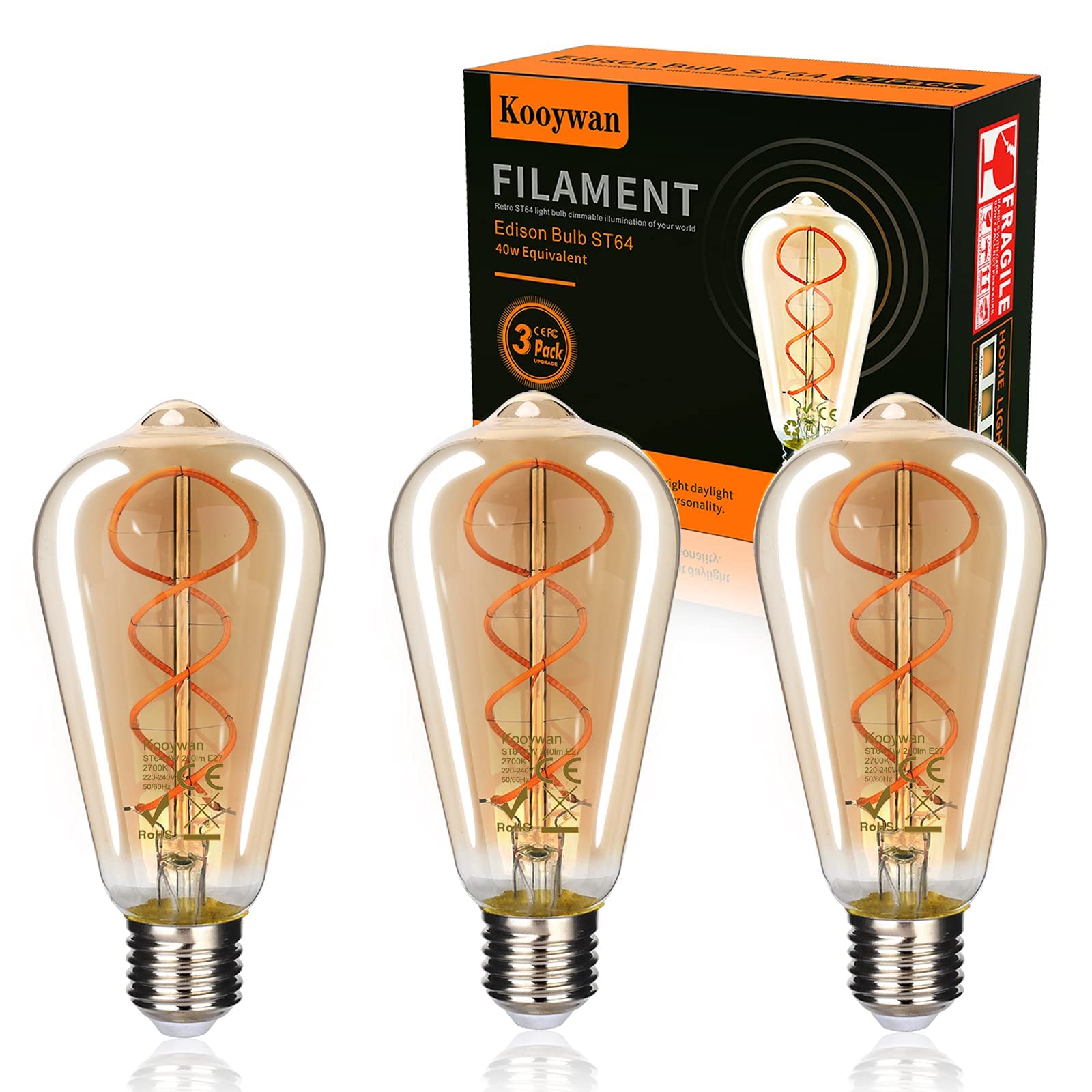 KOOYWAN Pendant Lights LED E27 Vintage Edison Bulb 4W (Eqv. 40W) Dimmable 2700K Warm White, Squirrel Cage Flexible Spiral Filament ST64 400lm Decorative Energy Saving Light Pack of 3