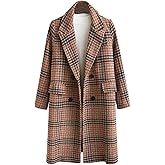 SOMTHRON Women's Plaid Trench Coat Oversize Double Breasted Lapel Jacket Mid-Long Winter Pea Coat Overcoat