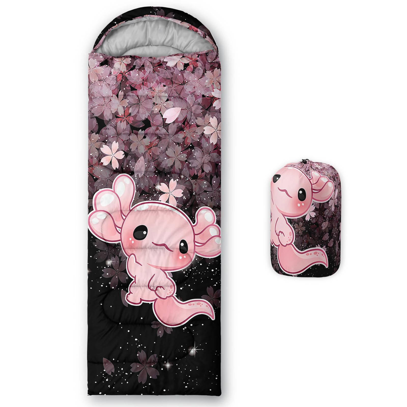 Photo 1 of QOOMO Axolotl Cherry Blossom Printed Camping Sleeping Bags,3 Season Warm & Cool Weather,Lightweight,Waterproof Sleeping Bags for Adults & Kids,Traveling,and Outdoors,Camping Gear Equipment,31x90inch