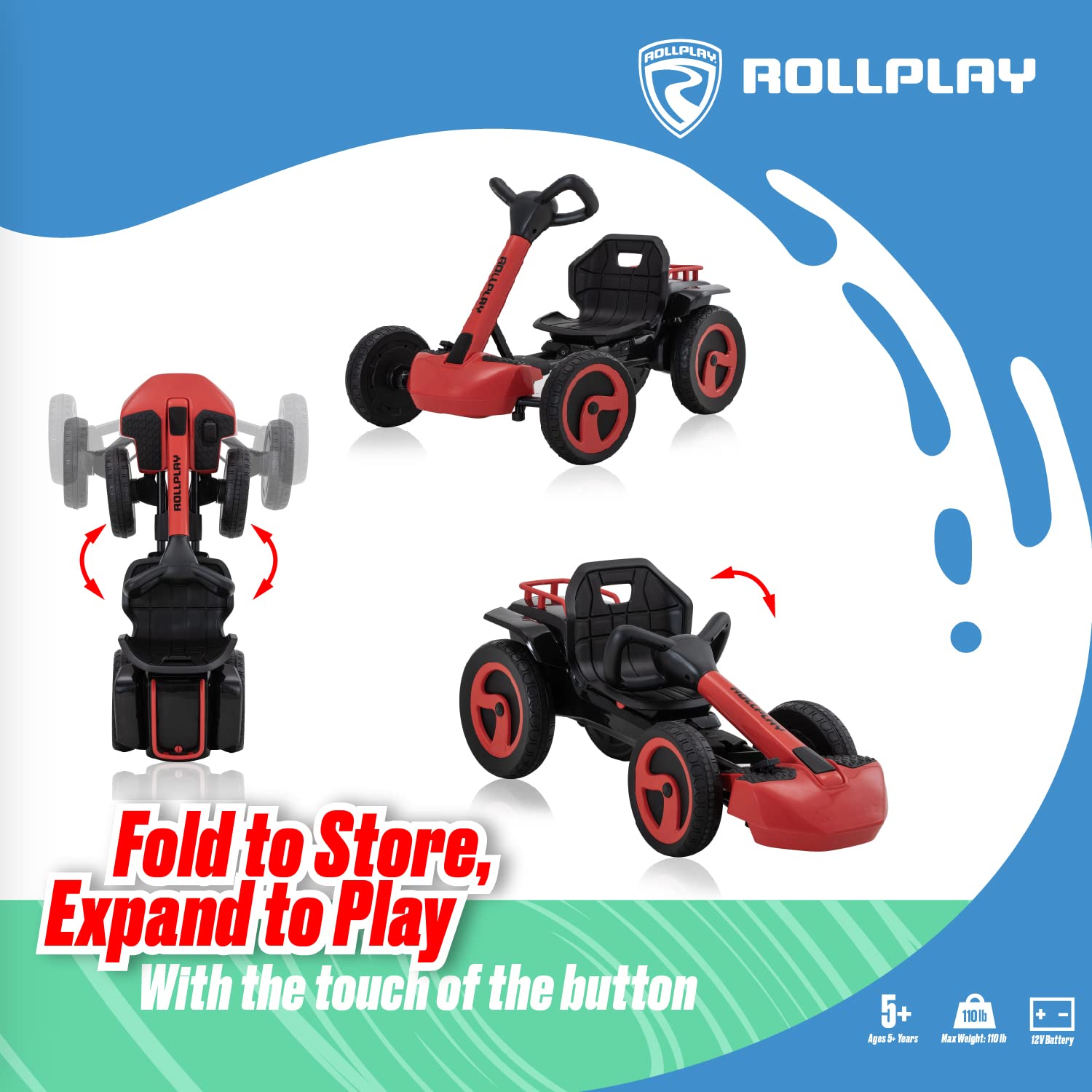 Rollplay Flex Kart XL 12V Electric Go Kart for Kids Aged 5+ Featuring Space-Saving Folding Function, Adjustable Seat, Anti-Slip Rubber Strips, and a Top Speed of 5 MPH