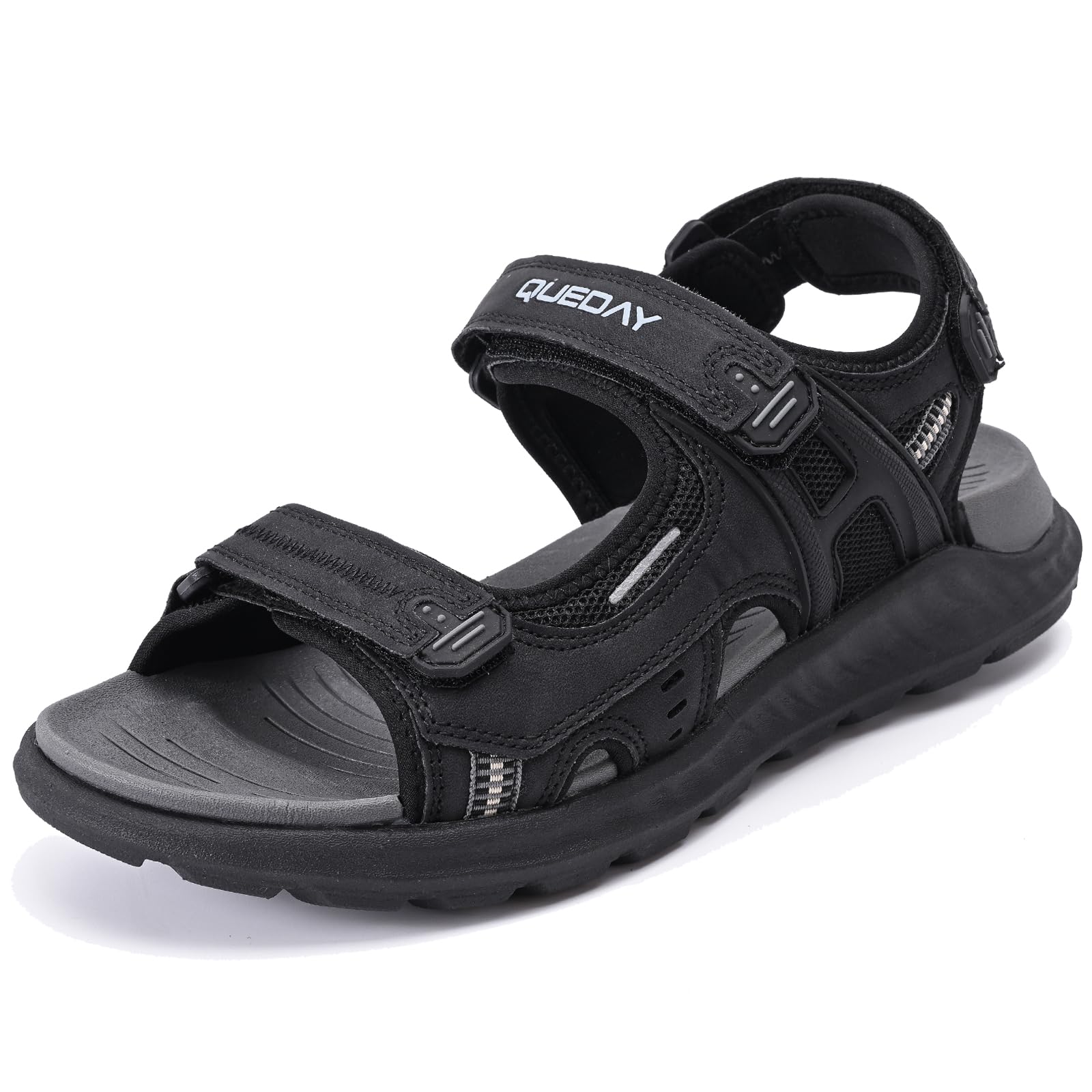 Photo 1 of Queday Mens Hiking Sandals With Arch Support Sport Recovery Black Athletic Walking Sandals For Man Outdoor Summer Casual Thick Cushion Beach Water Fisherman Sandal