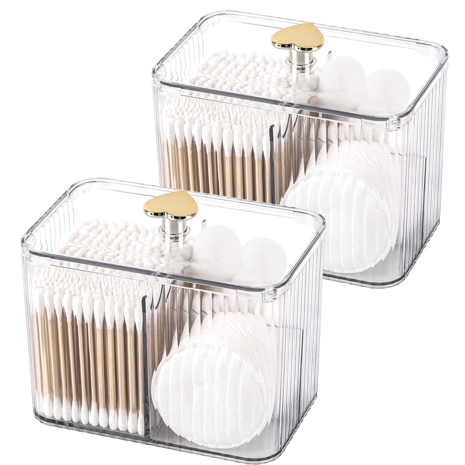 Photo 1 of Tbestmax Qtip Holder Dispenser 3-Section Clear Bathroom Organizer Jar 3 Grids Cotton Swab/Pad/Ball Holder Container Cosmetics Storage for Vanity(2 Pack)
