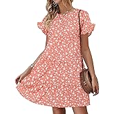 Chuanqi Womens Ruffles Boho Floral Printed Babydoll Loose Swing Casual Short Mini T-Shirt Dress