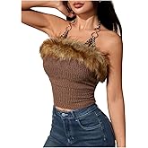 MakeMeChic Women's Faux Fur Leopard Halter Tops Metal Ring Tie Back Y2k Concert Top