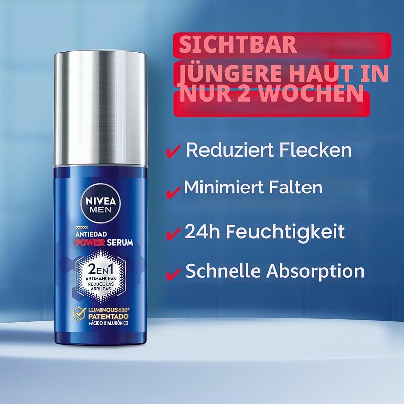 POWER Anti-Aging Serum 2-in-1 Anti-Falten und Anti-Falten (1 x 30 ml), Feuchtigkeitsspendendes Gesichtsserum mit Luminous 630 für Herren, Anti-Flecken-Serum mit Hyaluronsäure
