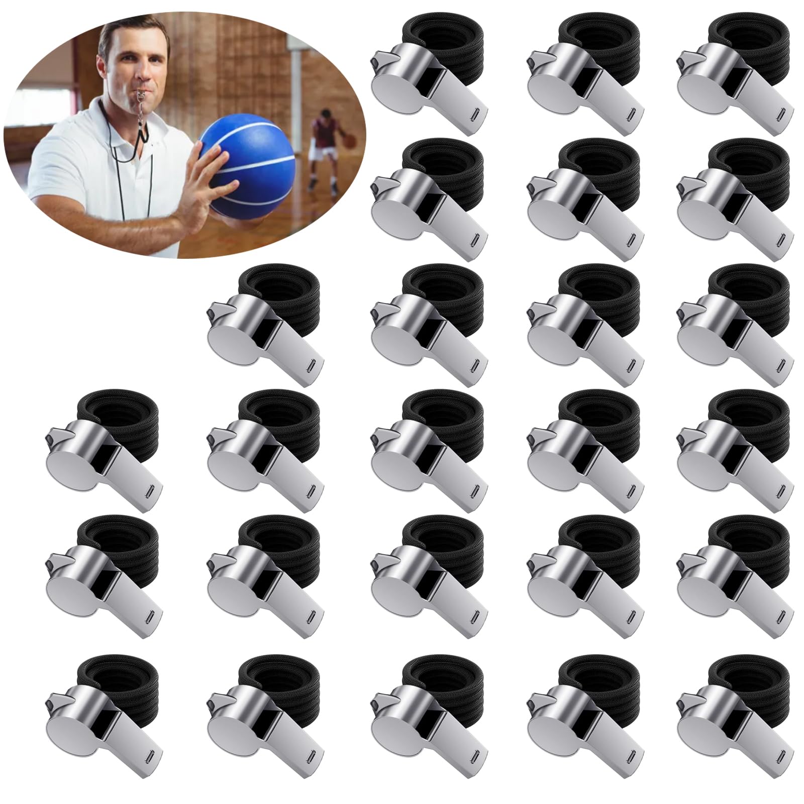 Liwein 25Pcs Coach Whistle, Sport Whistle with Lanyard Stainless Steel Whistle Referee Whistle Metal Whistle for School Sports Training Football Emergency Survival Coach Whistle (25)