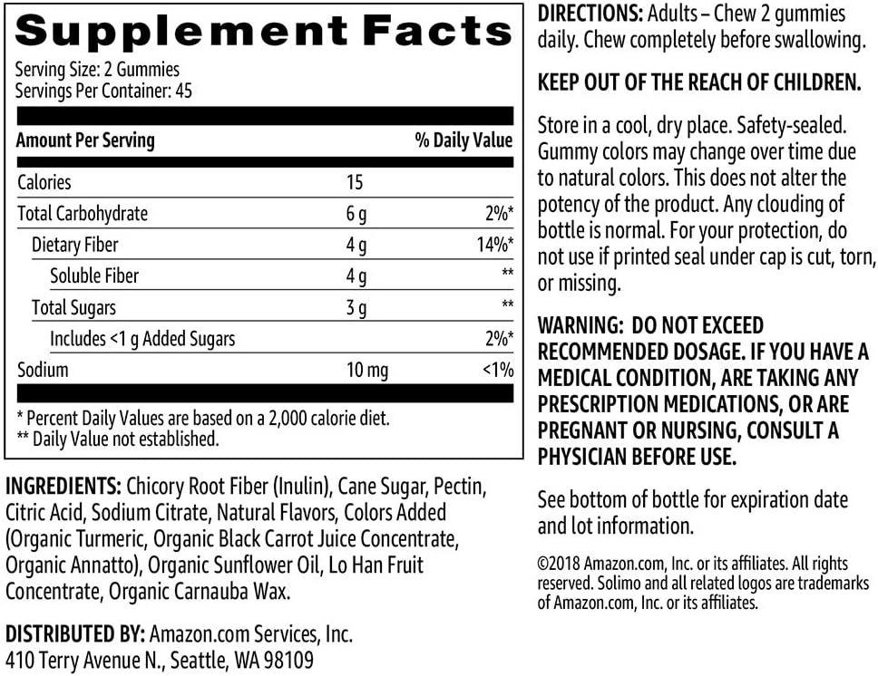  Brand - Solimo Fiber 4g - Digestive Health, Supports Regularity - 90 Gummies (2 Gummies per Serving): Health & Personal Care