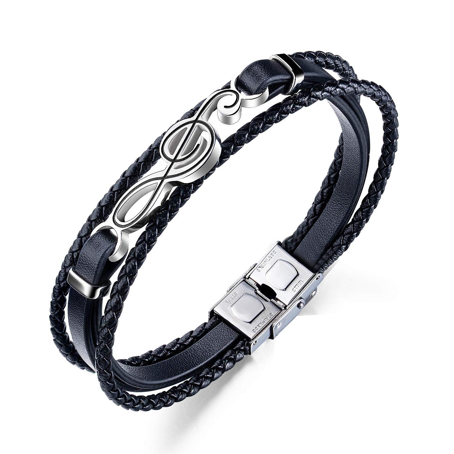 ETUYOYA Leather and Stainless Steel Bracelet Exclusive Musical Note Design with Anti-Lost Safety Clasp Adjustable Size Lucky Amulet