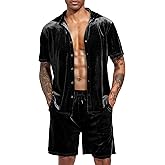 LecGee Men Summer Casual Short Sets Velvet Short Sleeve Button Down Shirt Elastic Waist Shorts 2 Piece Outfits Tracksuit