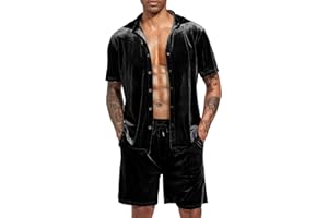LecGee Men Summer Casual Short Sets Velvet Short Sleeve Button Down Shirt Elastic Waist Shorts 2 Piece Outfits Tracksuit