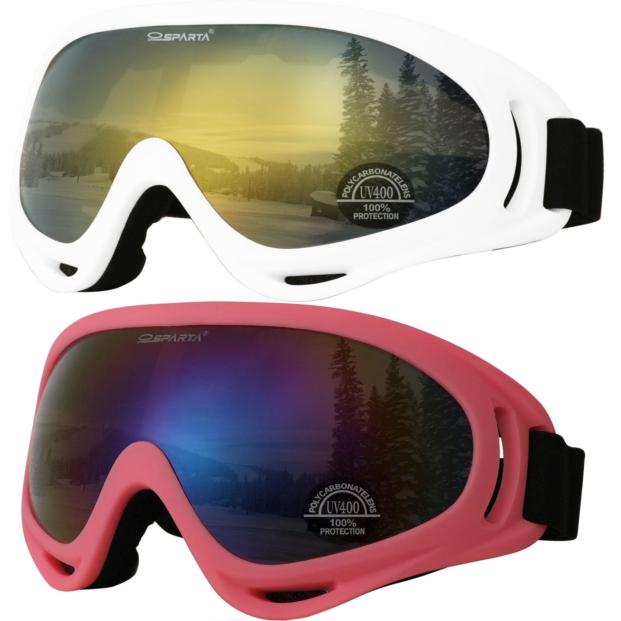 OUTDOORSPARTA 2-Pack Ski Goggles (6. White Frame, Mirrored Gold Lens; Pink Frame, Multiple Color Lens)