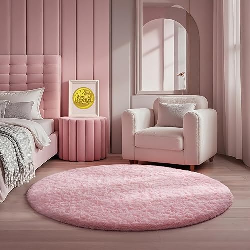 Ophanie Pink Round Rug for Bedroom Girls, Kids Fluffy Kawaii Fuzzy Furry Shag Area Rug, Cute Plush Soft Shaggy Bedside Circular Rugs 4Ft, Carpet for Teen Nursery Dorm Home Room Decor Aesthetic