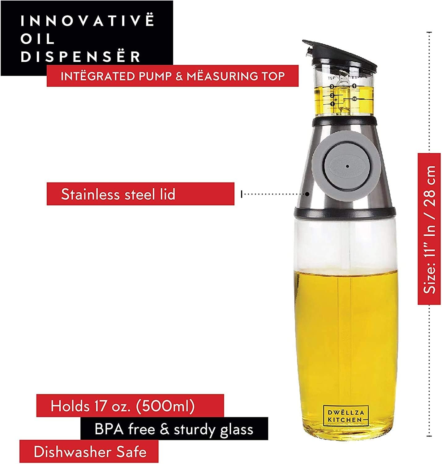 DWËLLZA KITCHEN Olive Oil Dispenser Bottle and Olive Oil Sprayer for Cooking Set – Oil Mister Bottle 6 OZ and Glass Oil Bottle 17 OZ with Measurements Drip-Free Spout Stainless Steel: Kitchen & Dining