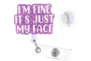 BCLELCT I'm Fine It's Just My Face Badge Reel with Swivel Alligator Clip ID Badge Holder Funny Glitter Badge Reel Retractable Clip for RN LPN CNA Nurse Doctor Assistant Medical Staff