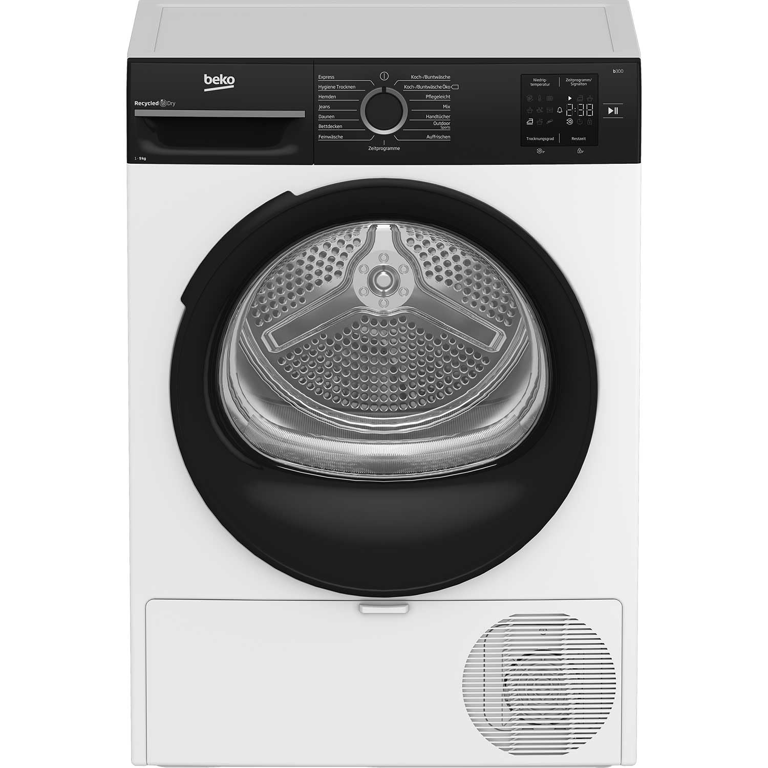 Beko BM3T39230W Wäschetrockner, 9 kg, Frontlader Wärmepumpentrockner, 15 Programme, Sensortrocknung, Säulenfähig, Aquawave Schontrommel, Weiß