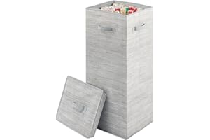 mDesign Tall Gift-Wrapping Paper Storage Box with Handles, Holder for Christmas and Holiday Organizer Container - Removable Lid for Rolls of Wrap, Inside Closet Storage Totes, Stripe, Taupe/Tan