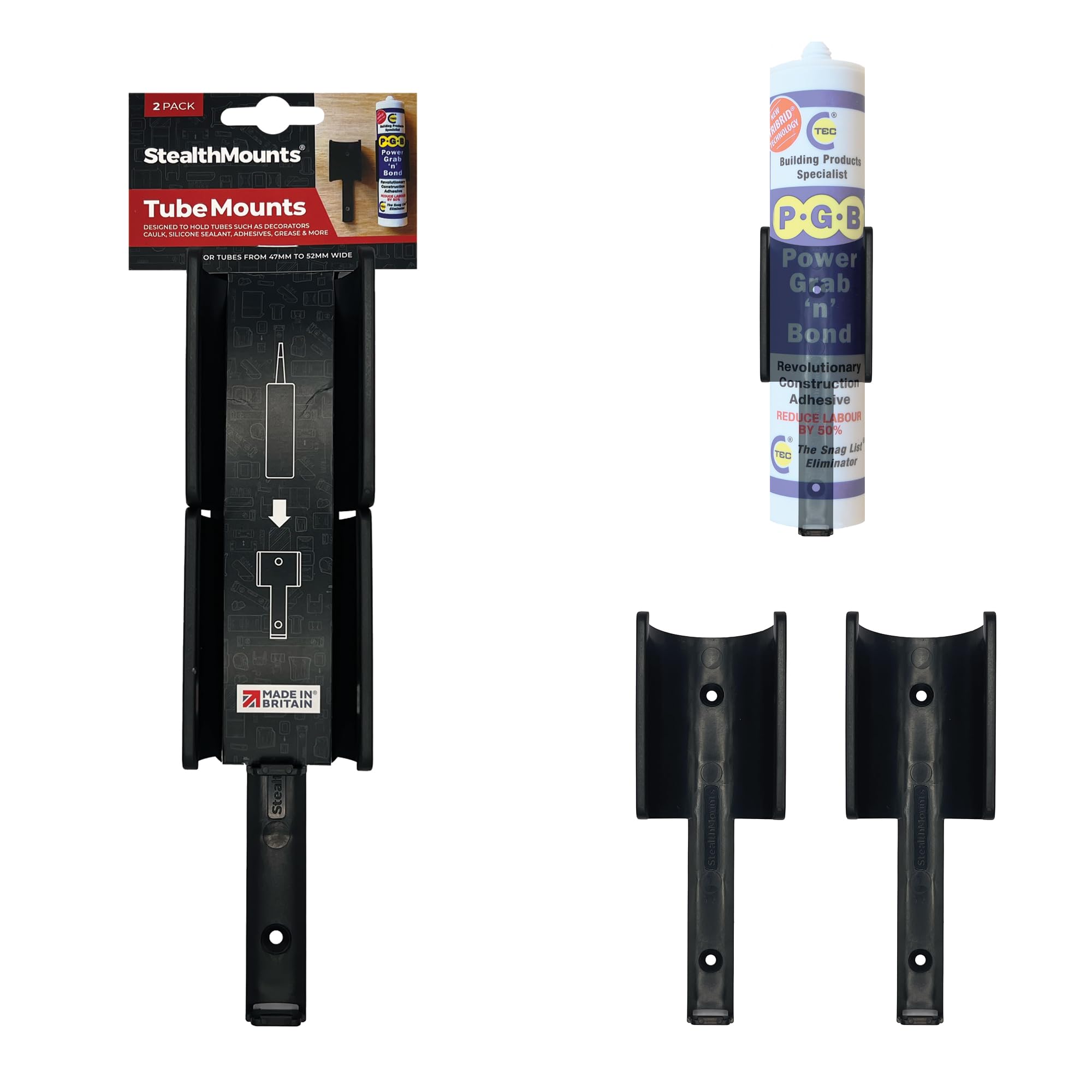 StealthMounts Tube Holder – 2 Pack Wall Mount Holders for Silicone, Mastic & Adhesive Tubes | Workshop, Garage & Van Storage Organiser | Heavy Duty ABS | Made in The UK