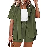 IN'VOLAND Women's Plus Size 2 Piece Tracksuit Outfits Sets Cotton Linen Sets Short Sleeve Shirt Summer Casual Shorts Set
