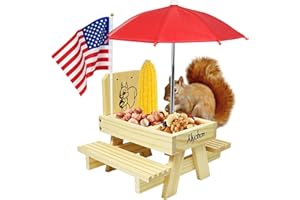 ALIYOHAM Upgraded Squirrel Feeder for Outside Picnic Table with Umbrella and Flag, Corn Cob Holder & Peanuts Seeds Loader, Gift for Squirrel and Chipmunk Lovers, Garden Ornaments, Squirrel House
