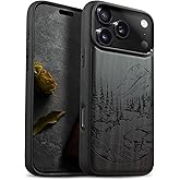 Carveit Magnetic Wooden Case for iPhone 17 Pro Case, Wood Artisan Engraved & Black Soft TPU Shockproof Cover, Compatible with MagSafe Wireless Chargers (The Lake and Mountain Landscape) Blackwood