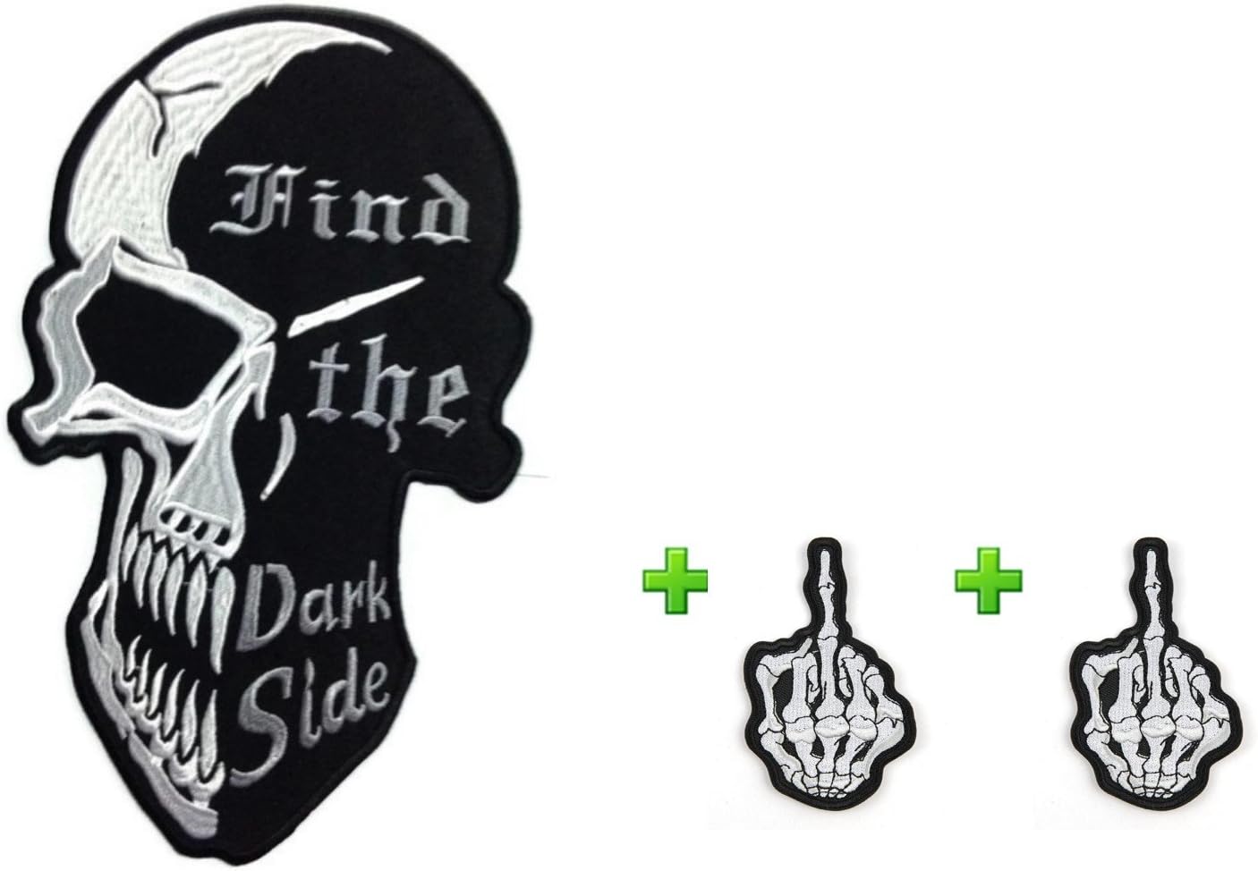 Best Match! 1 Large Skull Hide the Dark Side w/2 Small Devil Skeleton Mid Finger Patches Badge Look Cool over 80% Embroidered Iron on Sew for Biker Trucker Rocker Chopper Jacket Jeans Cap Shirt