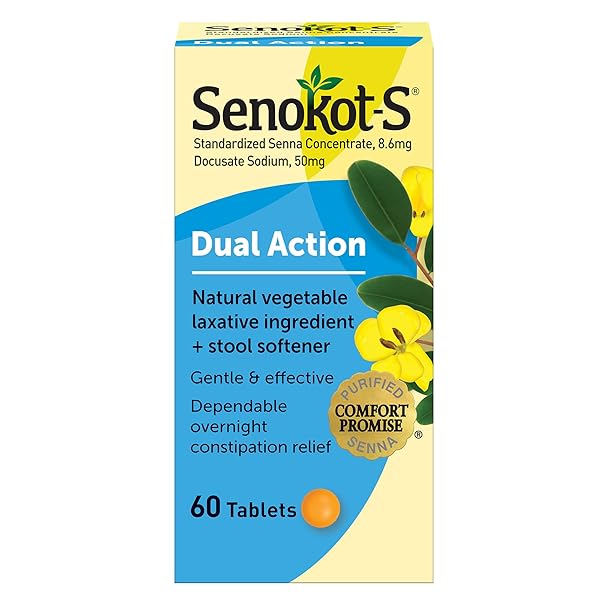 SENOKOT-S DUAL ACTION 60 TABLETS, NATURAL VEGETABLE LAXATIVE INGREDIENT PLUS STOOL SOFTENER TABLETS, GENTLE DEPENDABLE OVERNIGHT RELIEF OF OCCASIONAL CONSTIPATION WHITE